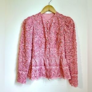 Vintage 80s/90s handmade pink lace long sleeve peplum blouse, size 4